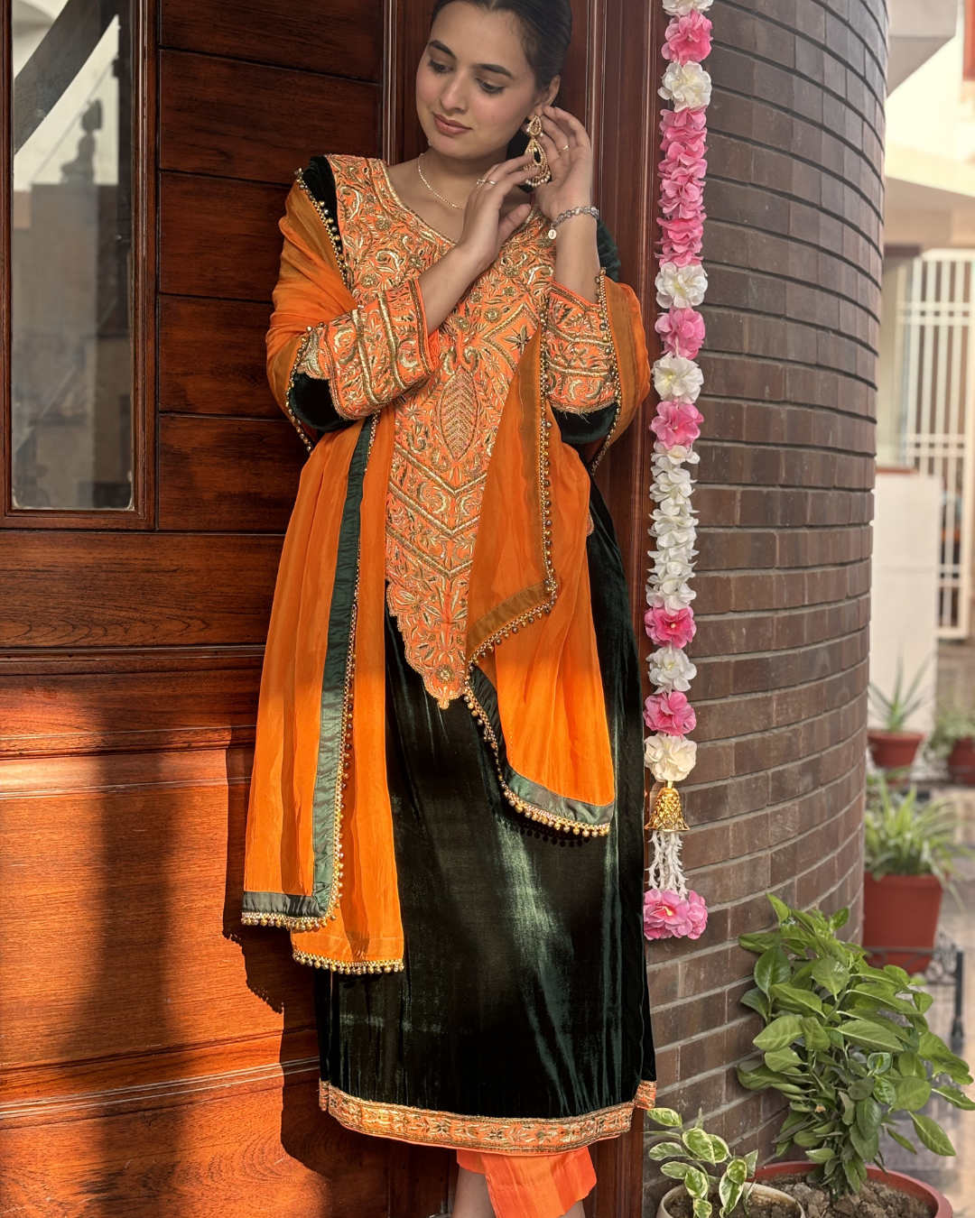 Silsila-e-Nazaqat Silk Velvet Orange Green