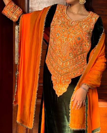 Silsila-e-Nazaqat Silk Velvet Orange Green