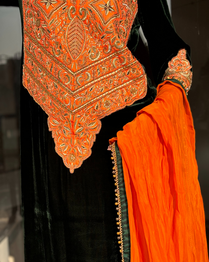 Silsila-e-Nazaqat Silk Velvet Orange Green