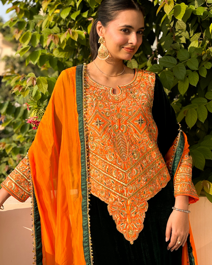 Silsila-e-Nazaqat Silk Velvet Orange Green