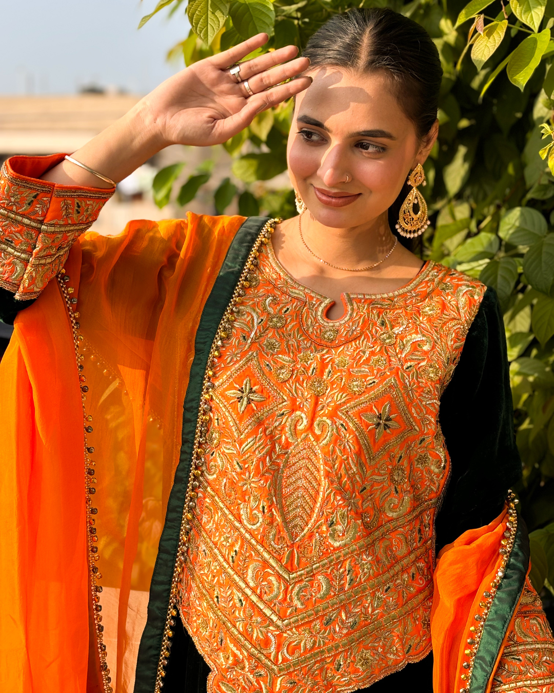 Silsila-e-Nazaqat Silk Velvet Orange Green